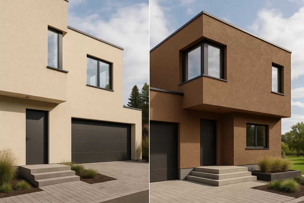 Примеры фасадов с отделкой штукатуркой 